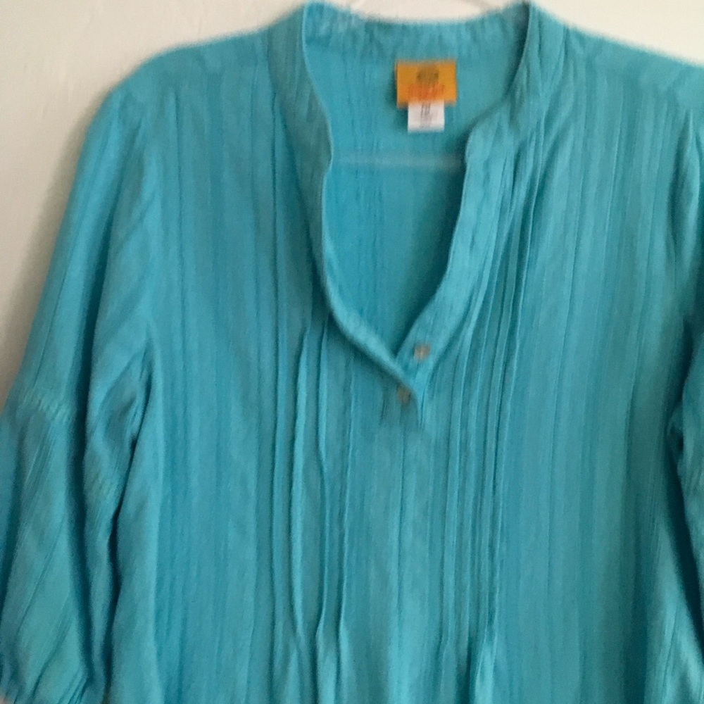 Ruby Rd Petite Teal Cotton Pintuck Split Neck Blo… - image 2